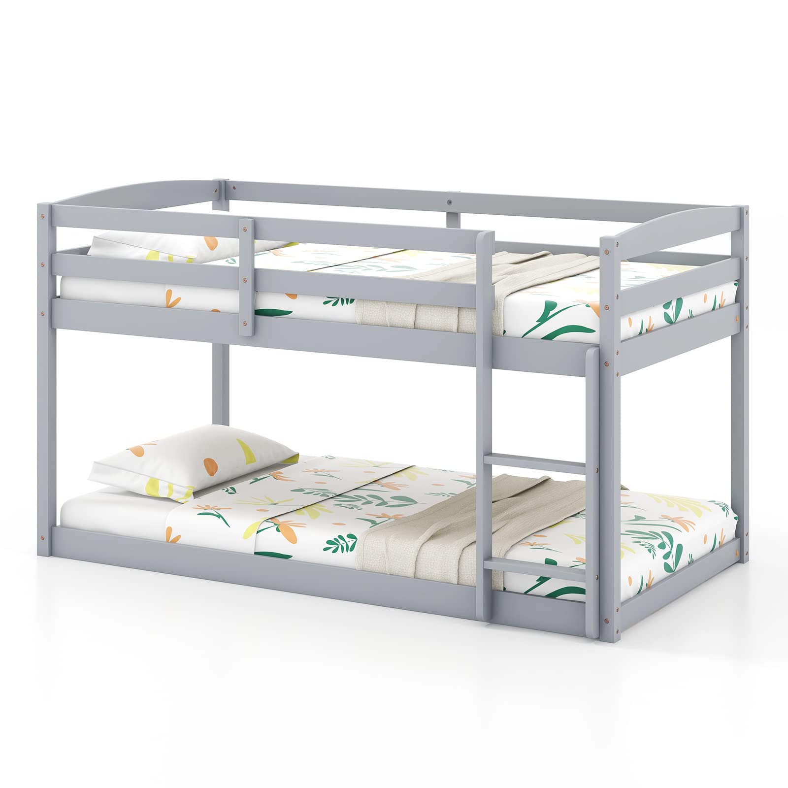 Twin Over Twin Solid Wood Low Bunk Bed with Full Guardrails & Integrated Ladder
