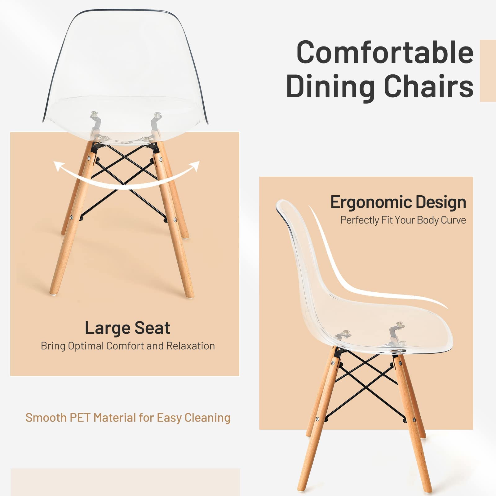 Clear Acrylic Dining Chairs Set of 4 with Beech Wood Legs