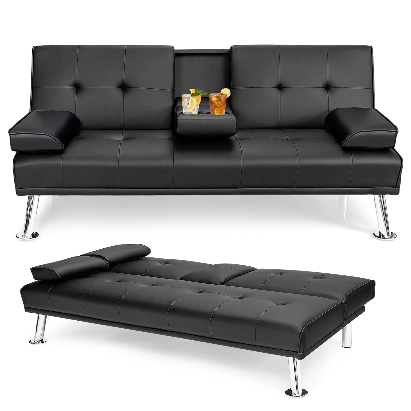 Leather Convertible Futon Sofa Bed with Removable Armrests and 2 Cup Holders