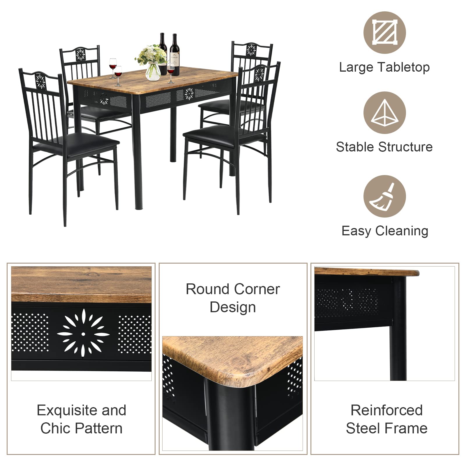 5 Piece Dining Table and Chairs Set, Vintage Retro Wood Top Metal Frame Padded Seat