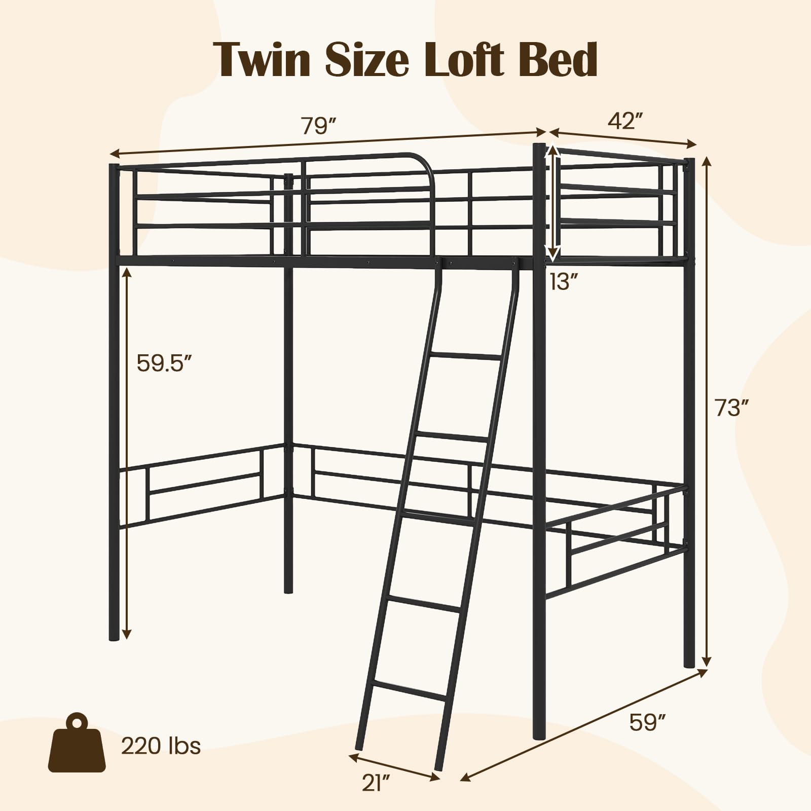 Twin Size Loft Bed, Metal Loft Bed Frame with Ladder & Safety Guardrail
