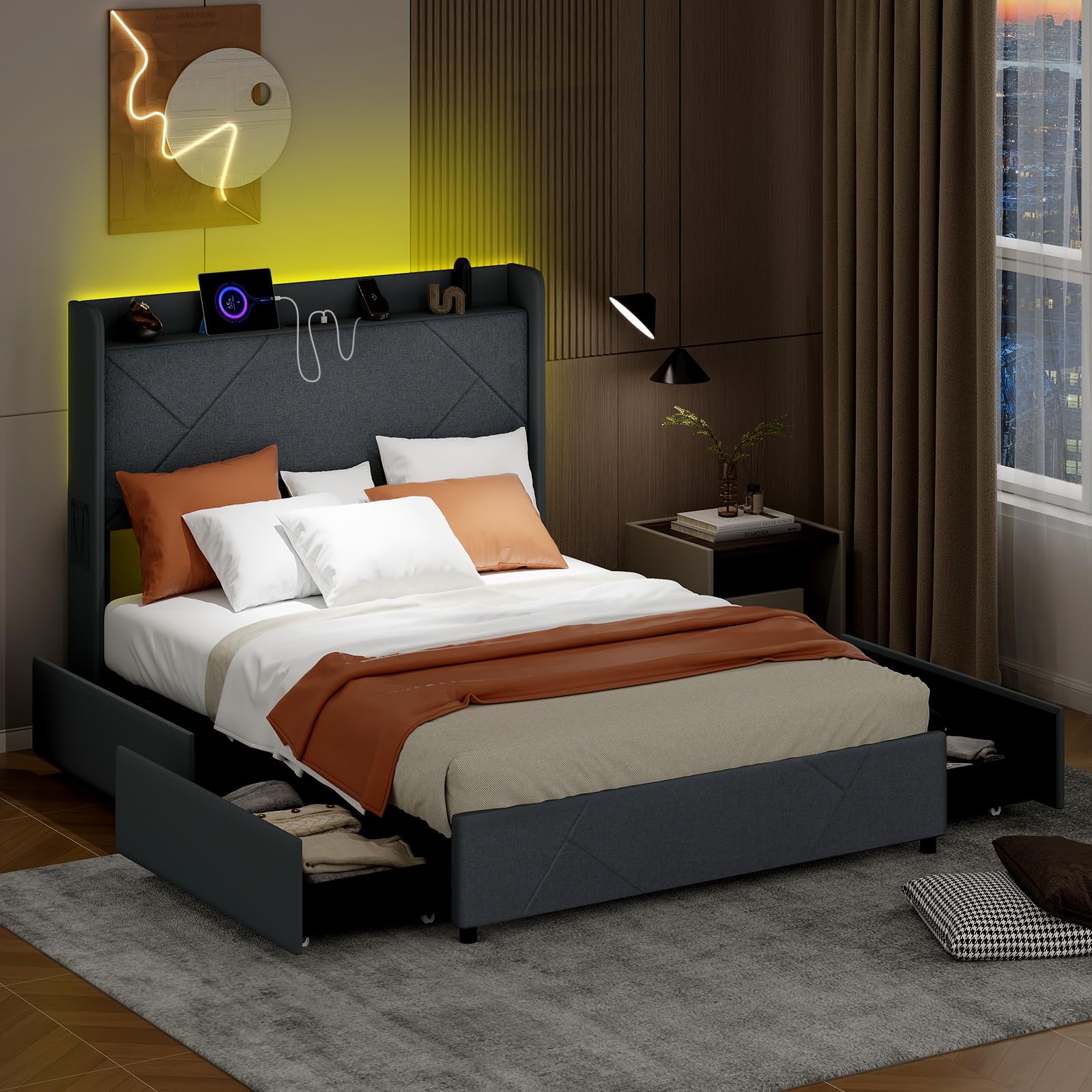 Upholstered Bed Frame with 4 Storage Drawers & LED Lights, Wingback Headboard & Charging Station