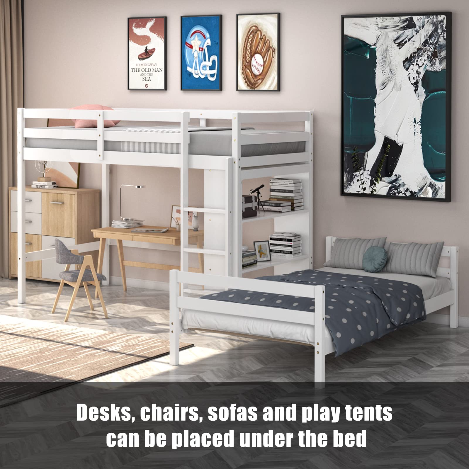 Twin Over Twin Bunk Bed, Convertible Wooden Loft Bed with 3-Tier Bookcase, Can be Separated into 2 Beds