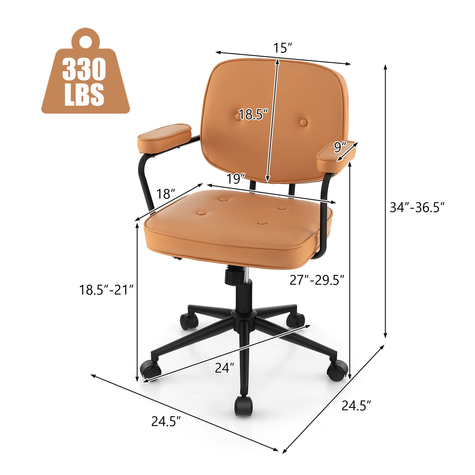 Mid Century Leather Height Adjustable Office Chair with Rocking Backrest & Padded Armrest