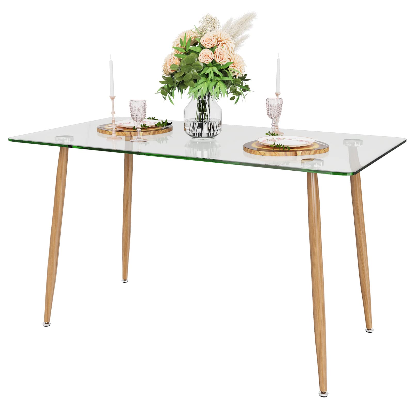 Glass Dining Table, Modern Rectangular Table with Spacious Tempered Glass Tabletop