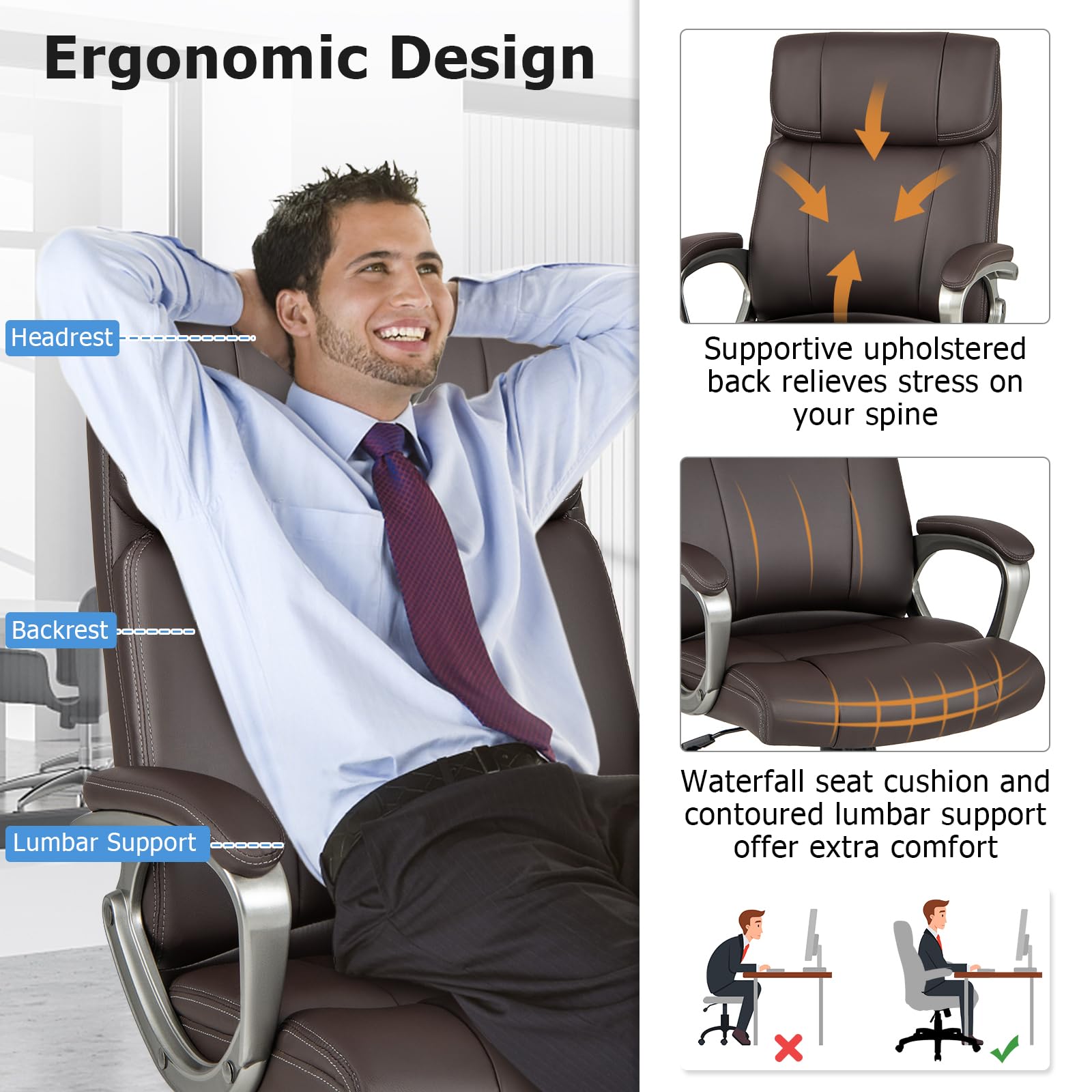 PU Leather Executive Office Chair with Padded Armrests and Lumbar Support