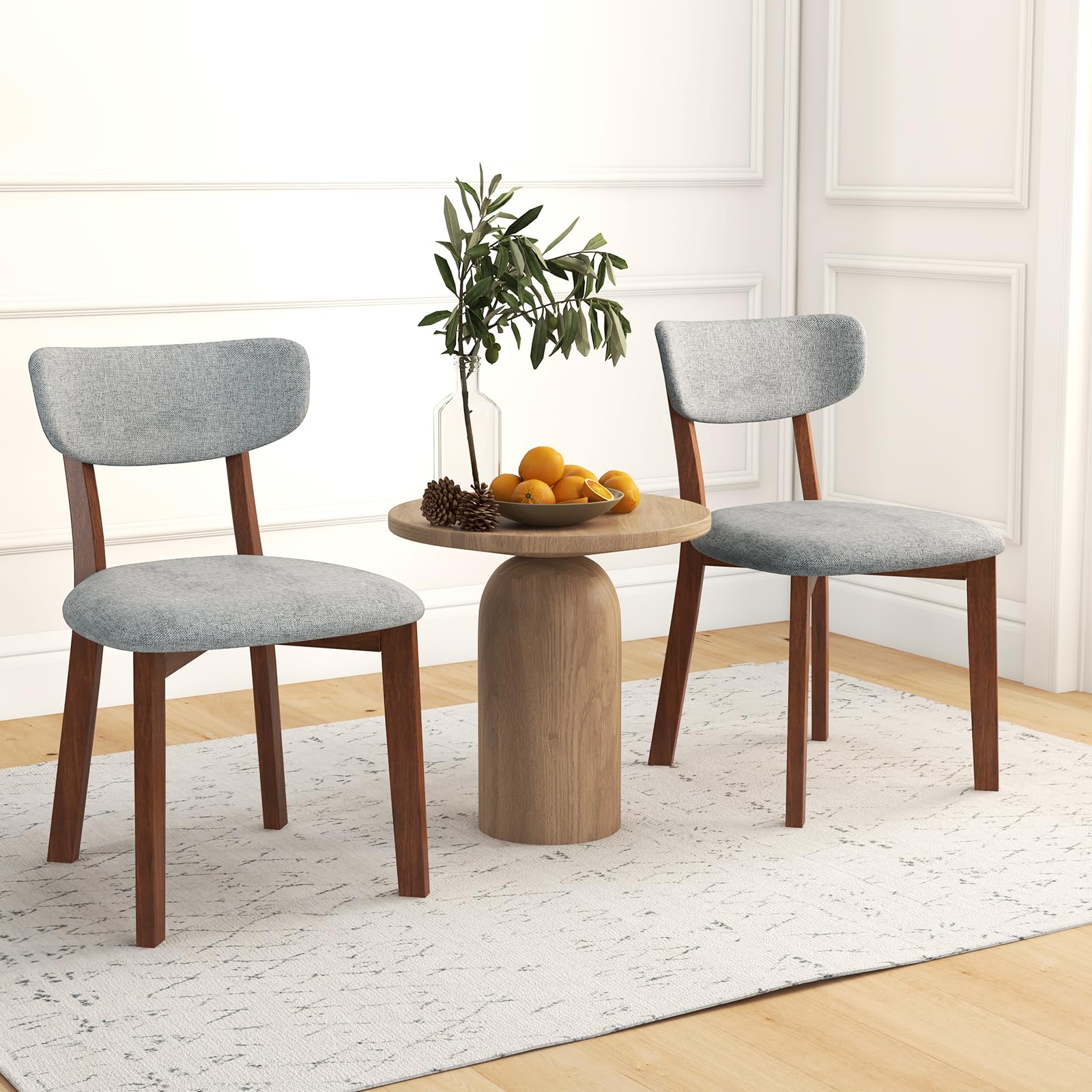 Dining Chairs Set of 2/4, Upholstered Mid-Back Kitchen Chairs with Solid Rubber Wood Frame, Curved Backrest & Padded Seat Cushion