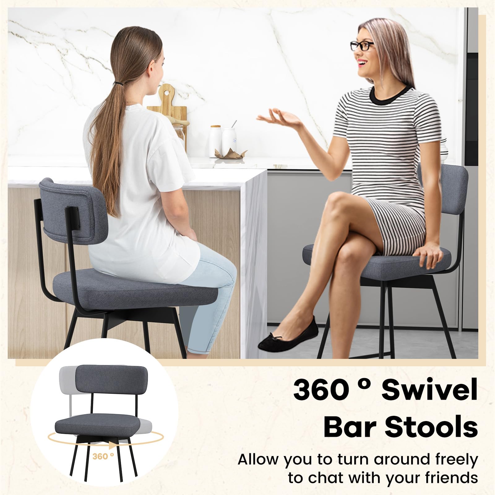 Bar Stools Set of 2/4, 25&rdquo; Upholstered Counter Height Bar Stools with Back