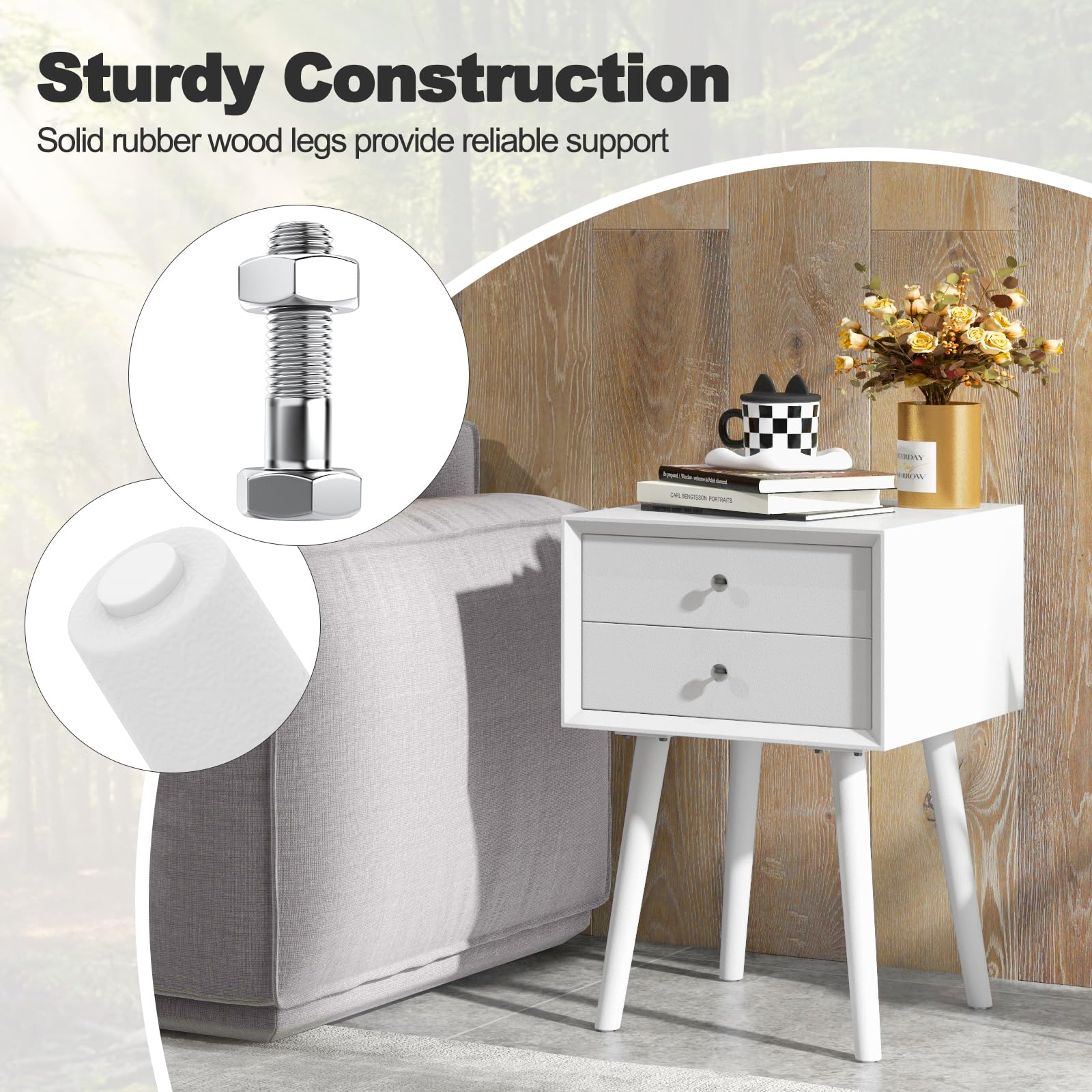 2-Drawer Nightstand, Mid-Century Modern Bed Side Table with Storage