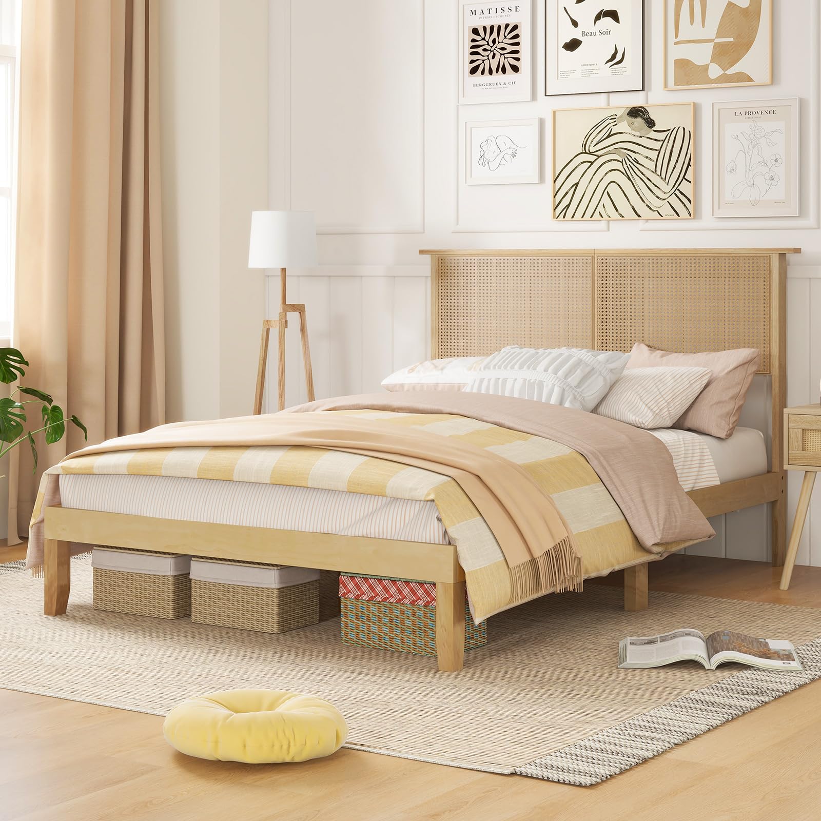 Wood Platform Bed Frame with Rattan Headboard, Wooden Slats & Under-Bed Storage
