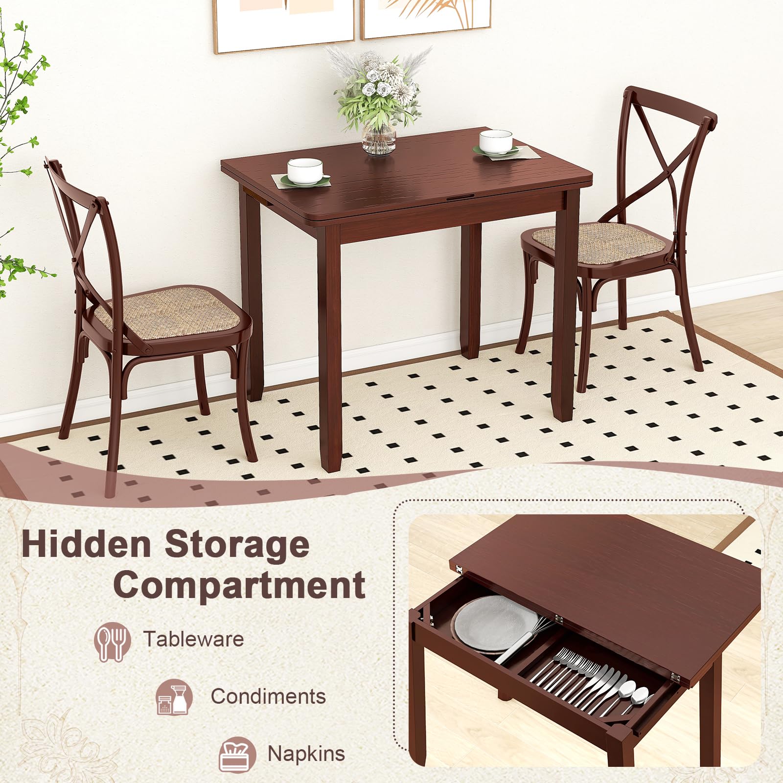 Folding Dining Table for 4, Extendable Kitchen Table w/Hidden Storage & Rubber Wood Frame