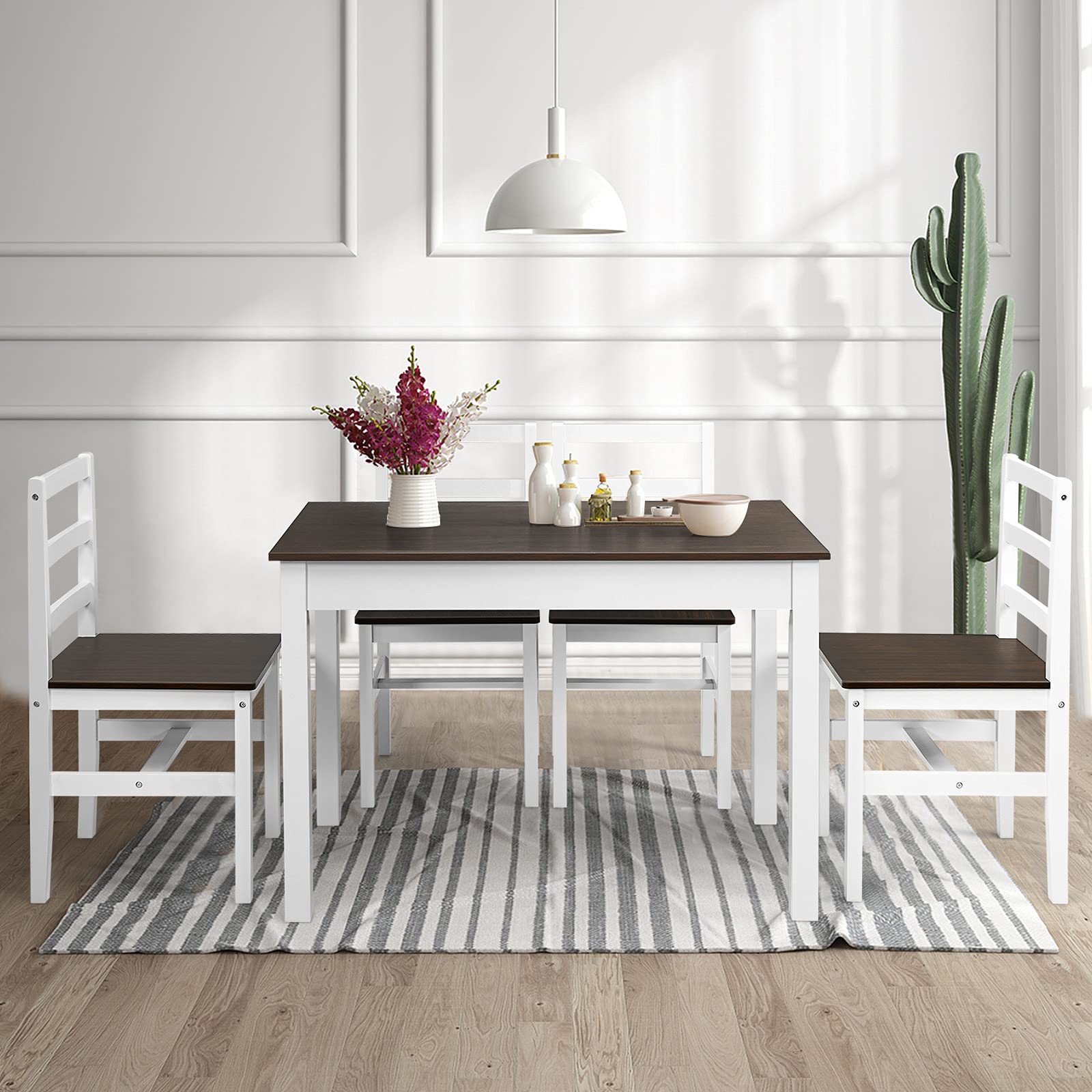 5 Piece Dining Set of 4, Solid Wood Rectangular Table & 4 Chairs, Farmhouse Dinette Set w/Pine Wood Legs