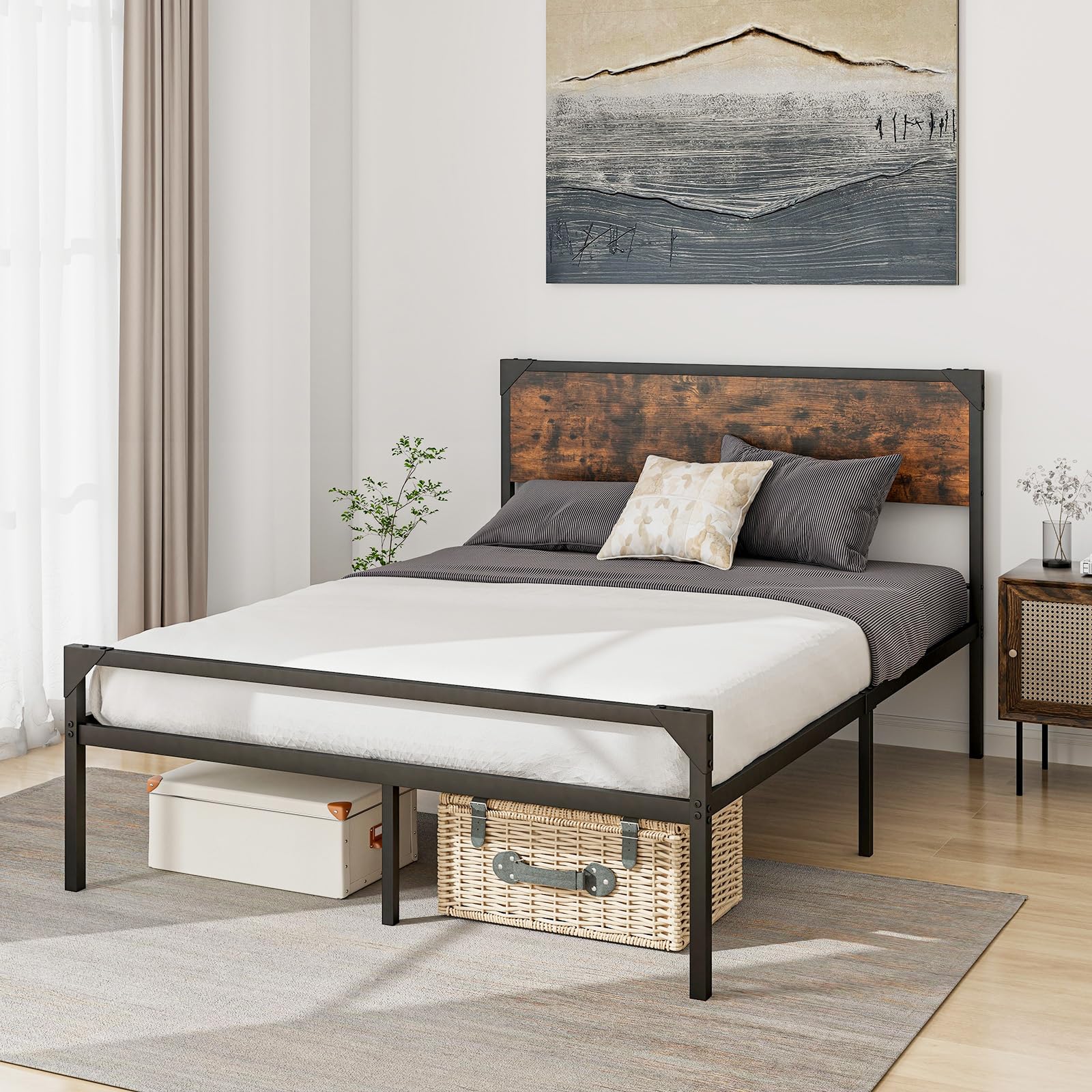 Full/ Queen Size Metal Bed Frame with Wood Headboard