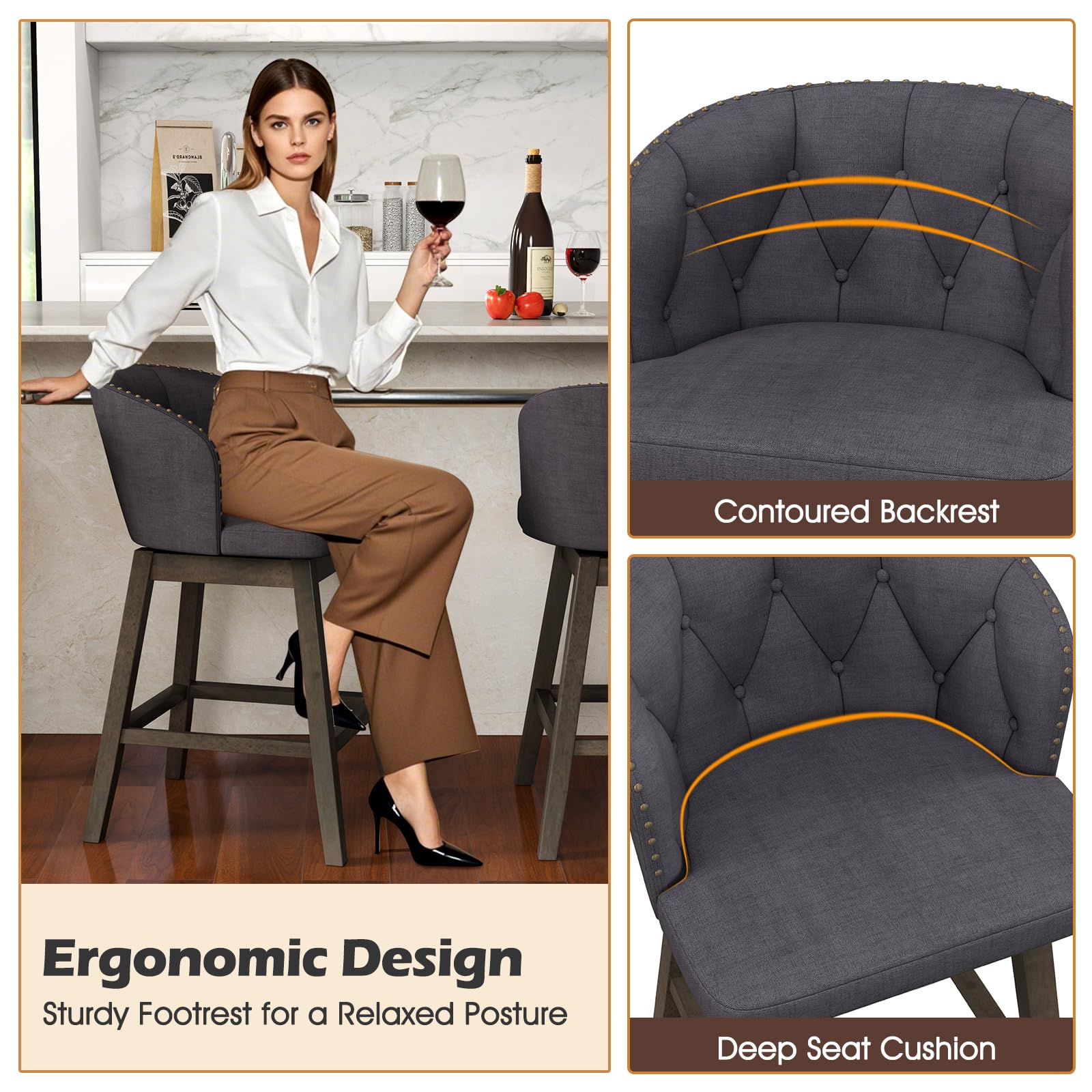 Counter Height Bar Stools Set of 2/4, Fabric Upholstered Island Stools with 360&deg; Swivel Seat & Button-Tufted Back