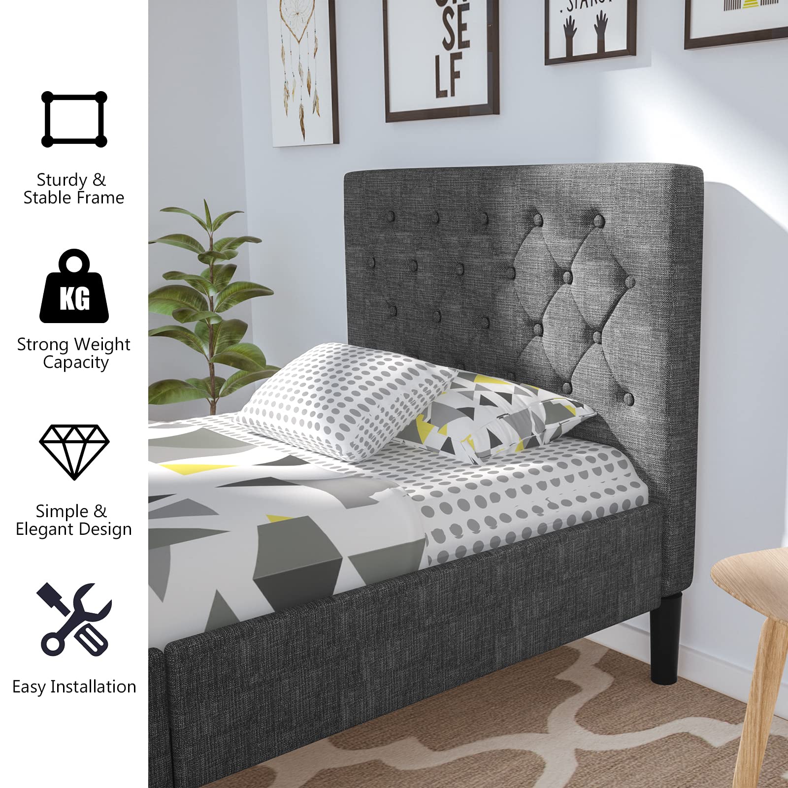 Twin Size Upholstered Bed Frame with Button Tufted Headboard