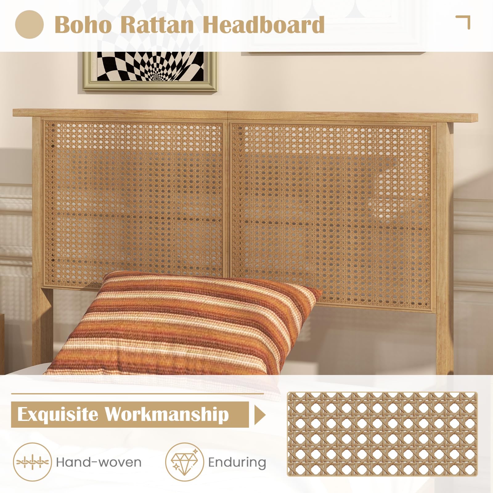 Wood Platform Bed Frame with Rattan Headboard, Wooden Slats & Under-Bed Storage