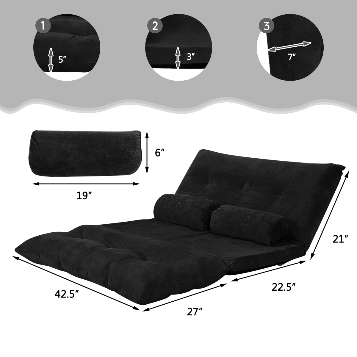 Multi-Functional 6-Position Foldable Lazy Floor Sofa with 2 Pillows