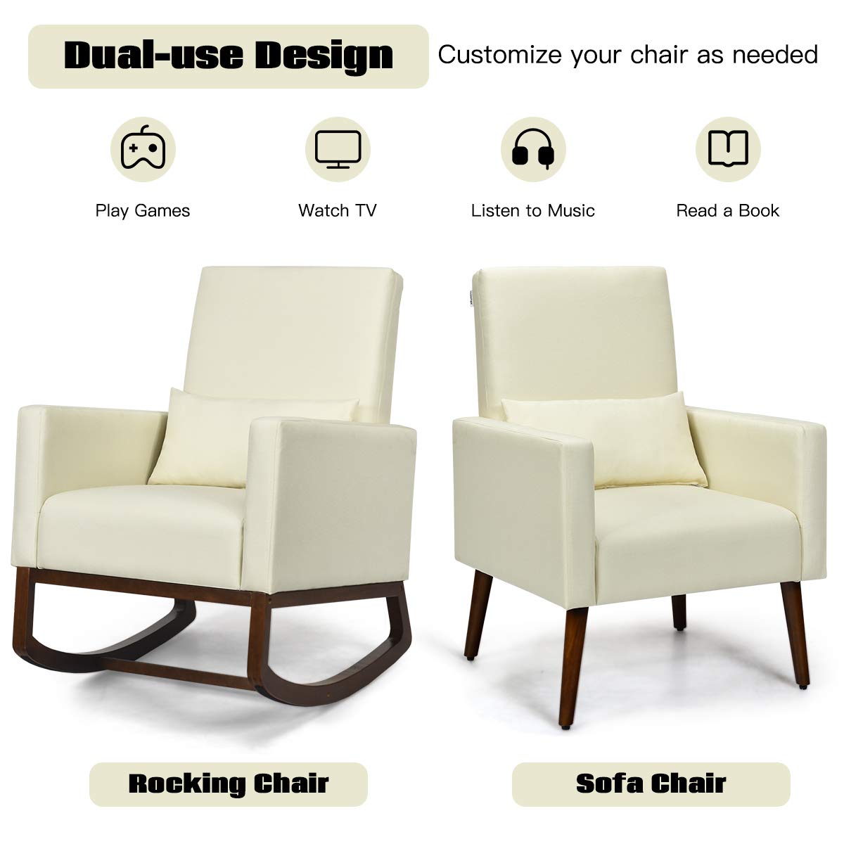 Upholstered Rocking Chair, Modern High Back Armchair, Comfortable Rocker with Fabric Padded Seat, Waist Pillow