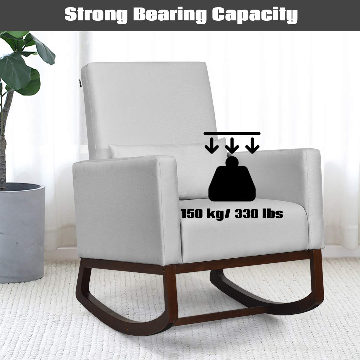 Upholstered Rocking Chair, Modern High Back Armchair, Comfortable Rocker with Fabric Padded Seat, Waist Pillow