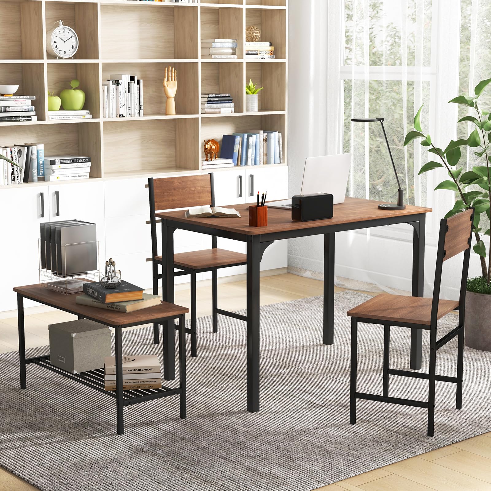 Dining Table Set for 4, Industrial Gathering Bench Dining Set W/Metal Frame & Storage Rack