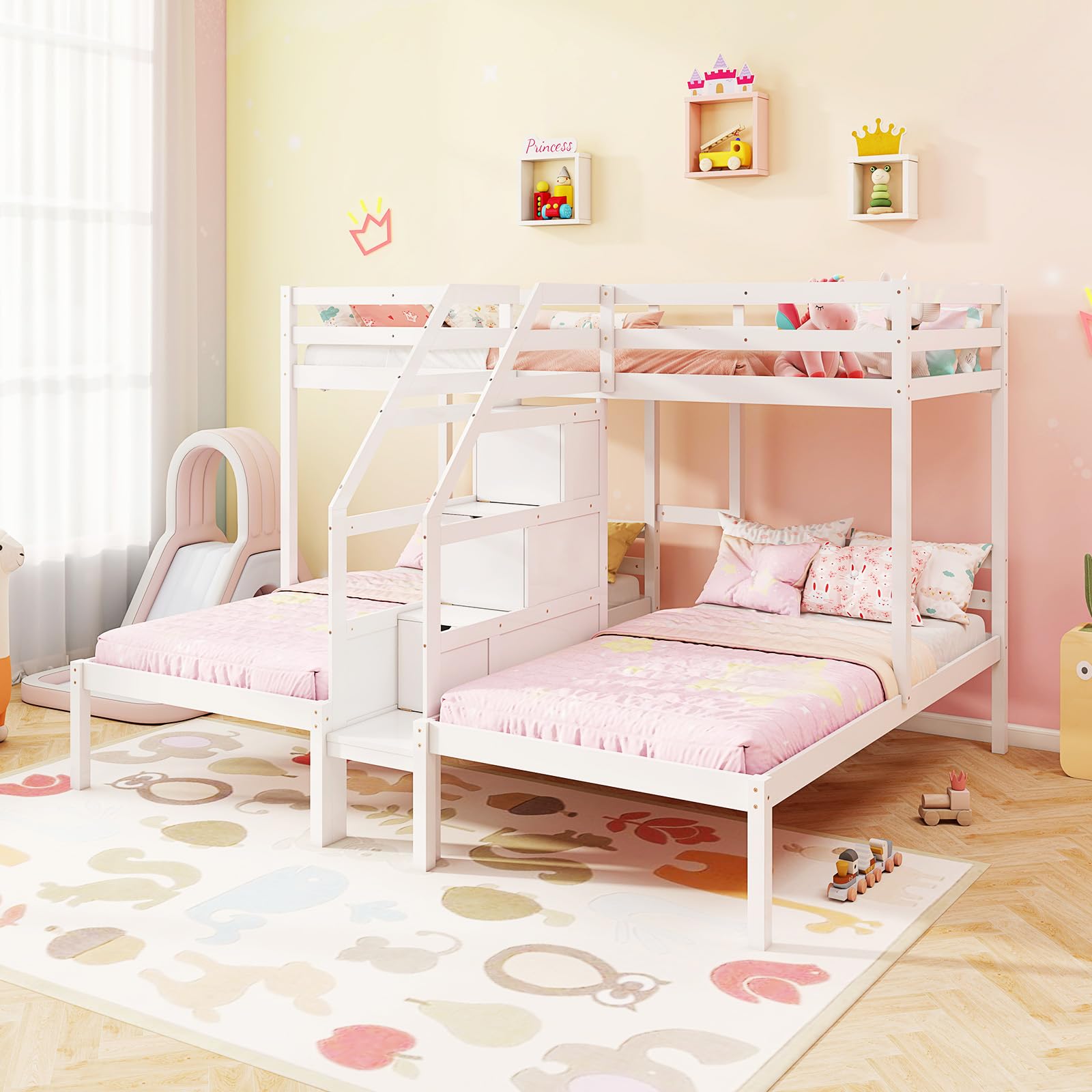 Triple Bunk Beds with 4-Step Storage Stair, Guardrail & Solid Wood Structure