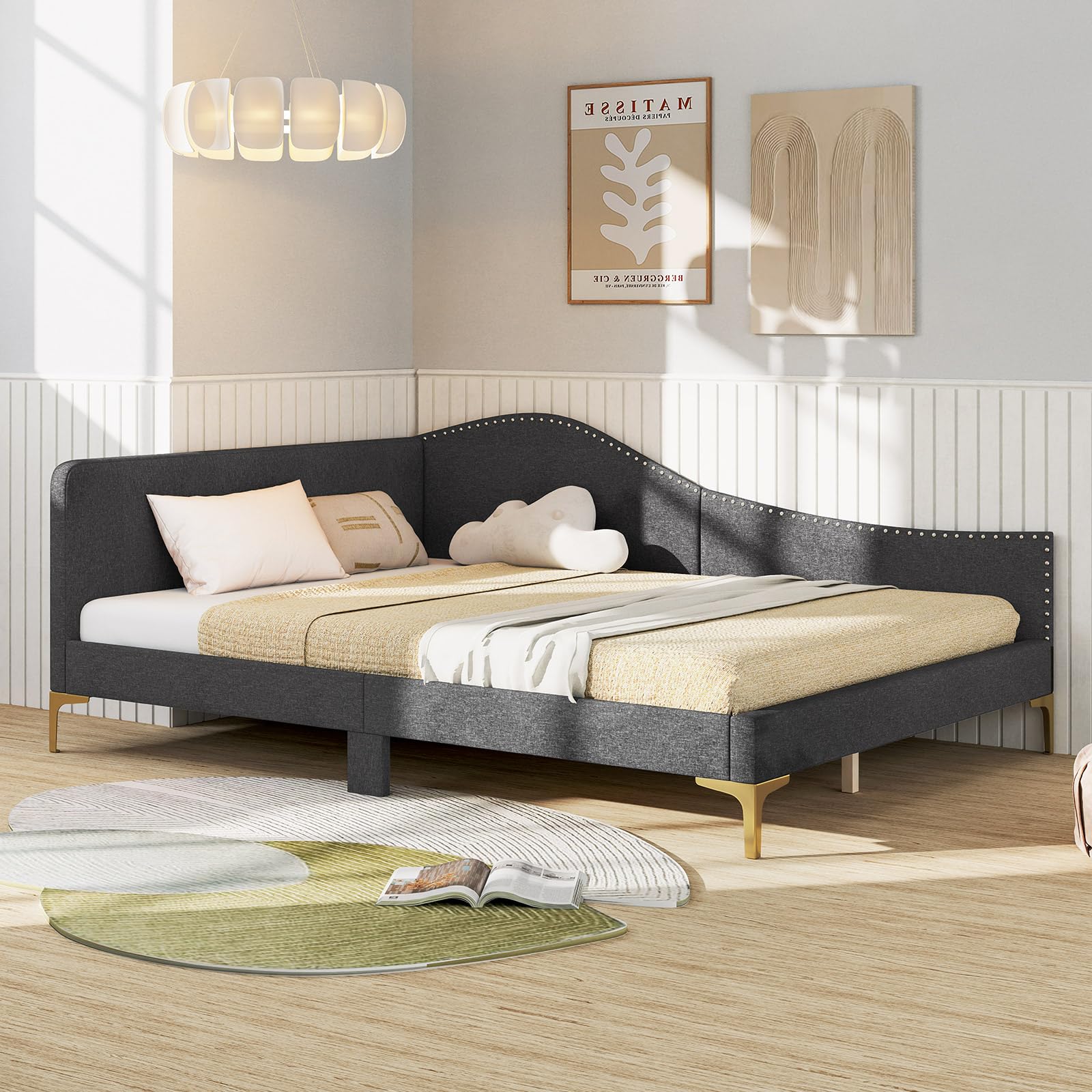 Rivet-Tufted Platform Bed Frame with Headboard, Metal Legs & Wood Slats, L-Shaped Corner Sofa Bed