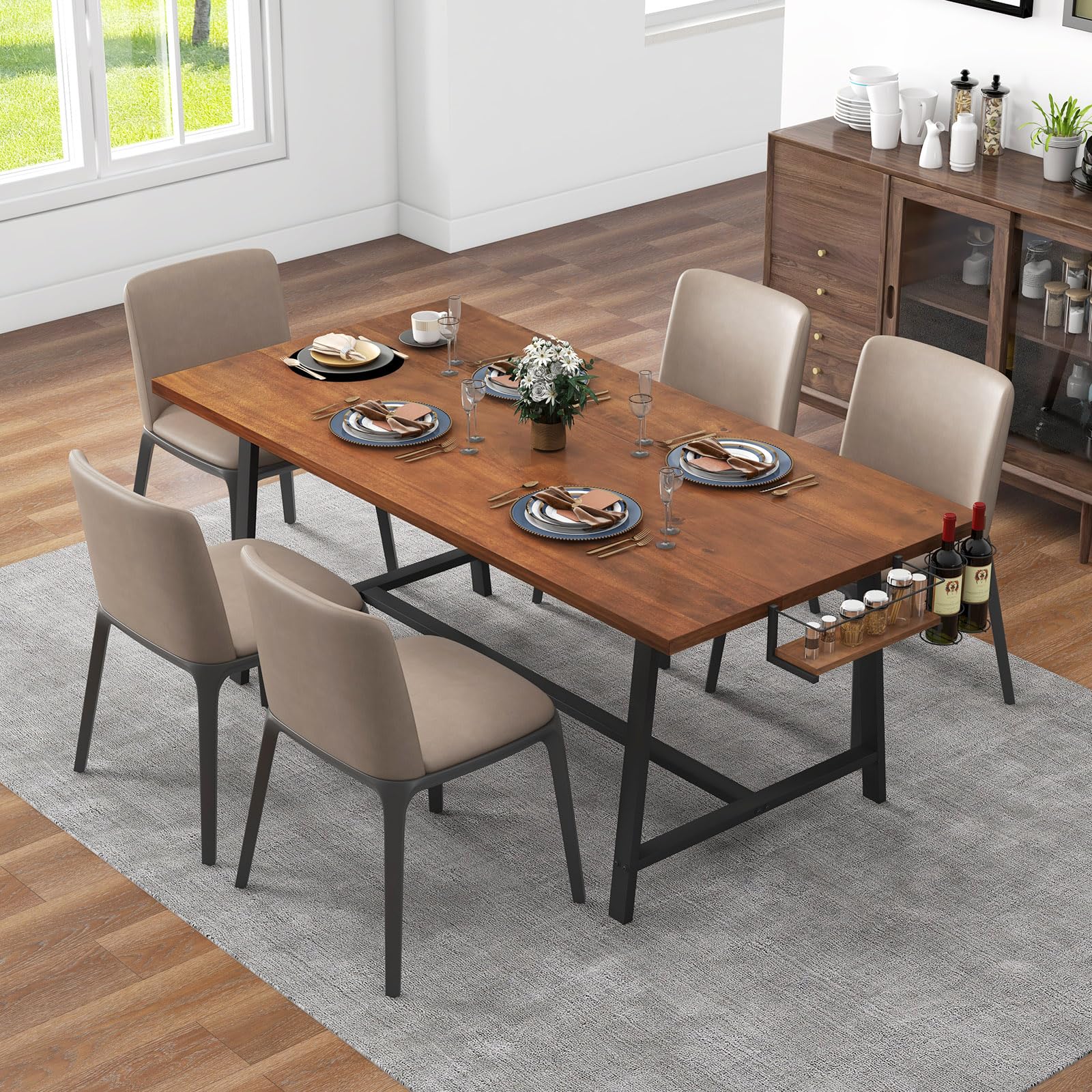 72-Inch Dining Table for 5-7, Rectangular Kitchen Table with 2-Bottle Wine Rack, Condiment Holder & Metal Footrest