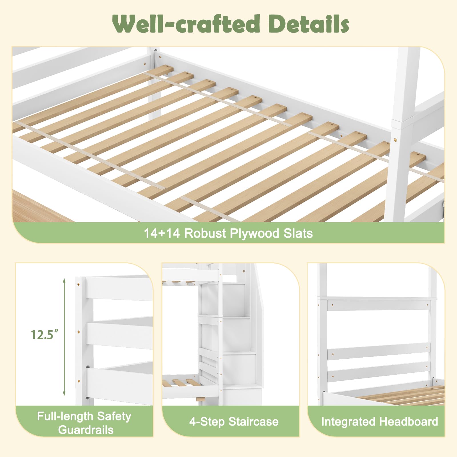 Wood Twin Over Twin Bunk Bed with 2 Storage Drawers & Stairs