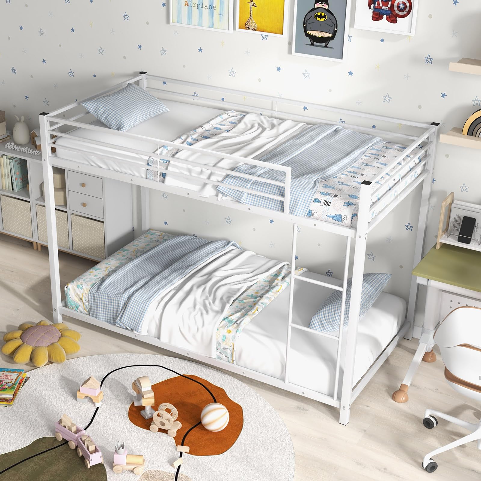 Twin Over Twin Metal Low Profile Bunk Bed with Safety Guard Rails & Side Ladder