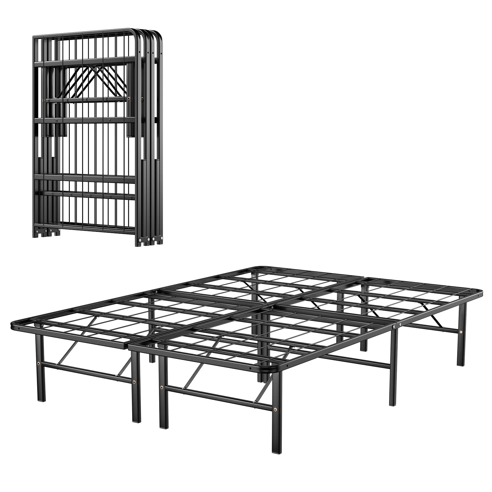 14 Inch Foldable Metal Platform Bed Frame, Tool-Free Assemble, Heavy Duty Folding Bed Frame w/Steel Slat & Underbed Storage