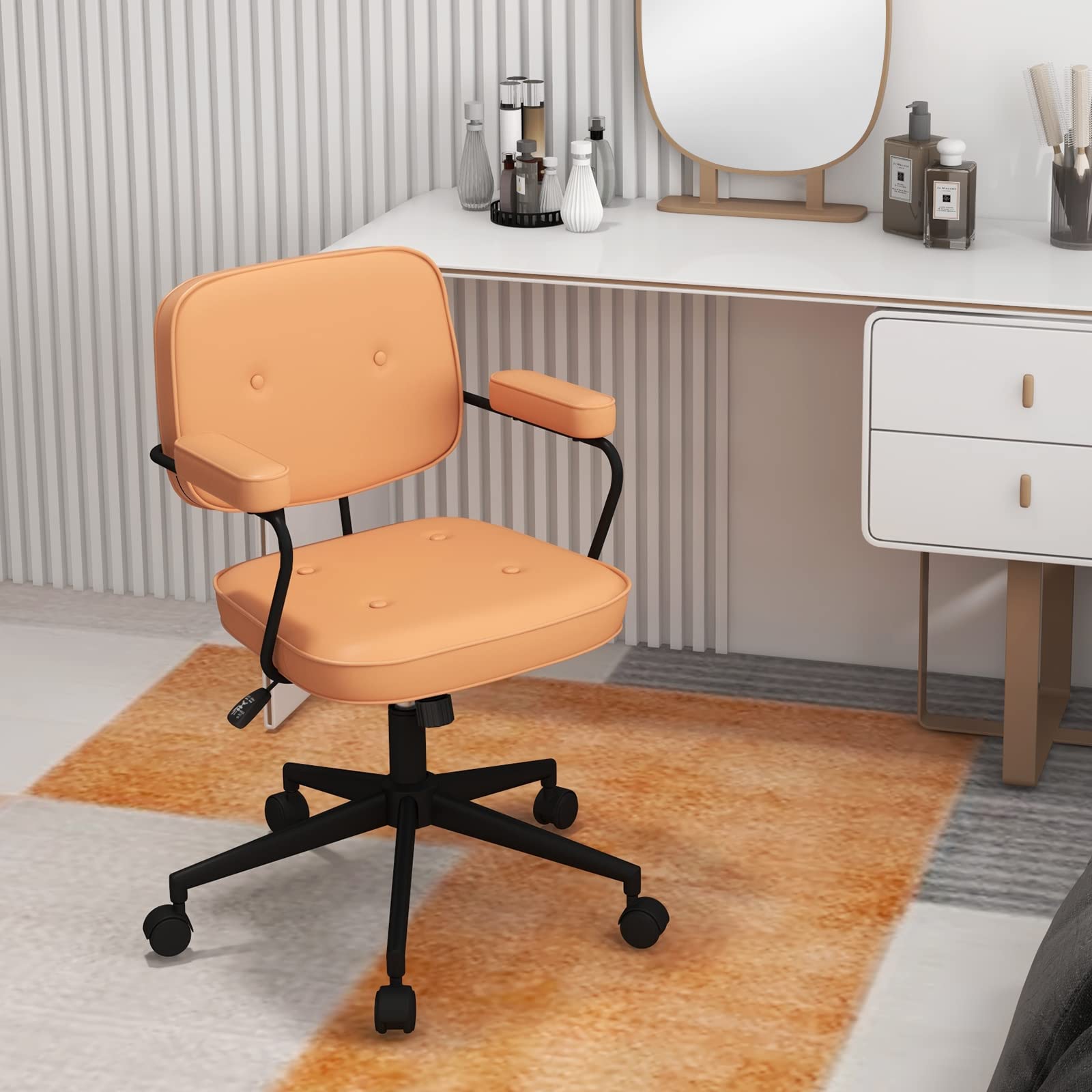 Mid Century Leather Height Adjustable Office Chair with Rocking Backrest & Padded Armrest