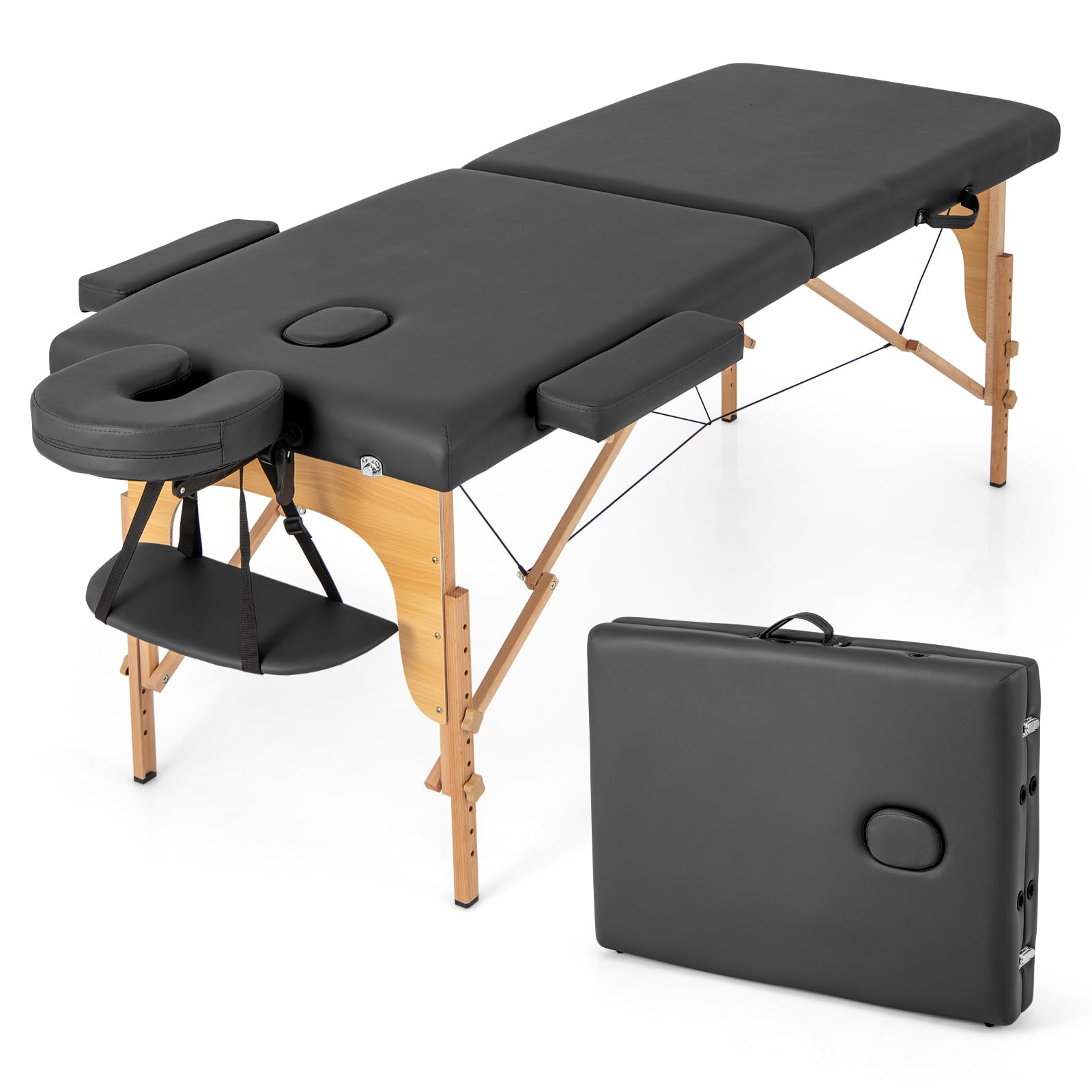 Portable Massage Bed w/Carrying Case, 2-Section Salon Spa Facial Care Tattoo Bed, Height Adjustable