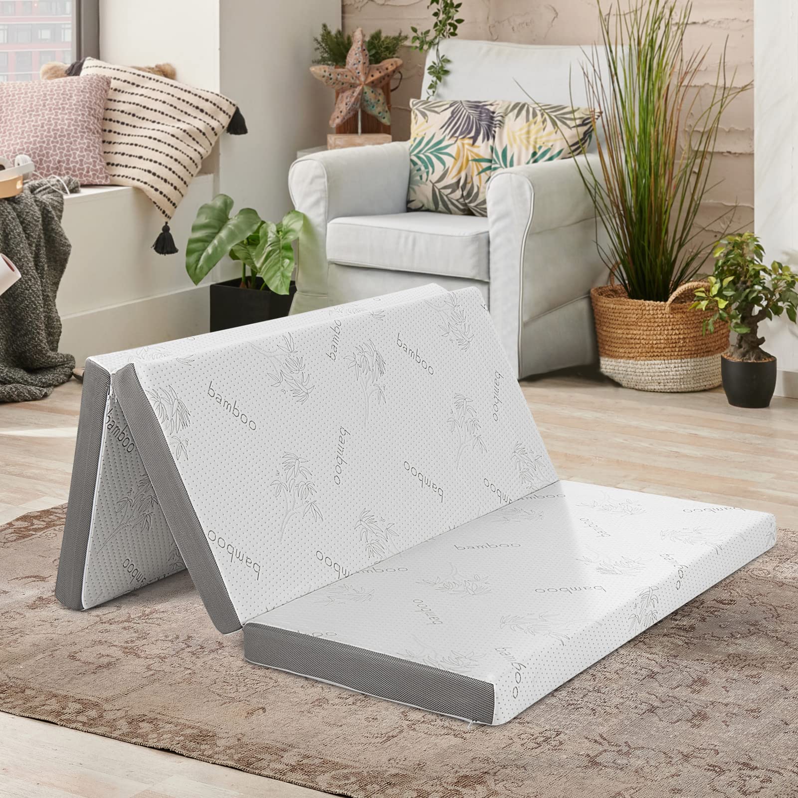 4" Tri-Folding Mattress with Storage Bag, Cool Gel Memory Foam Mattress with Removable Bamboo Cover