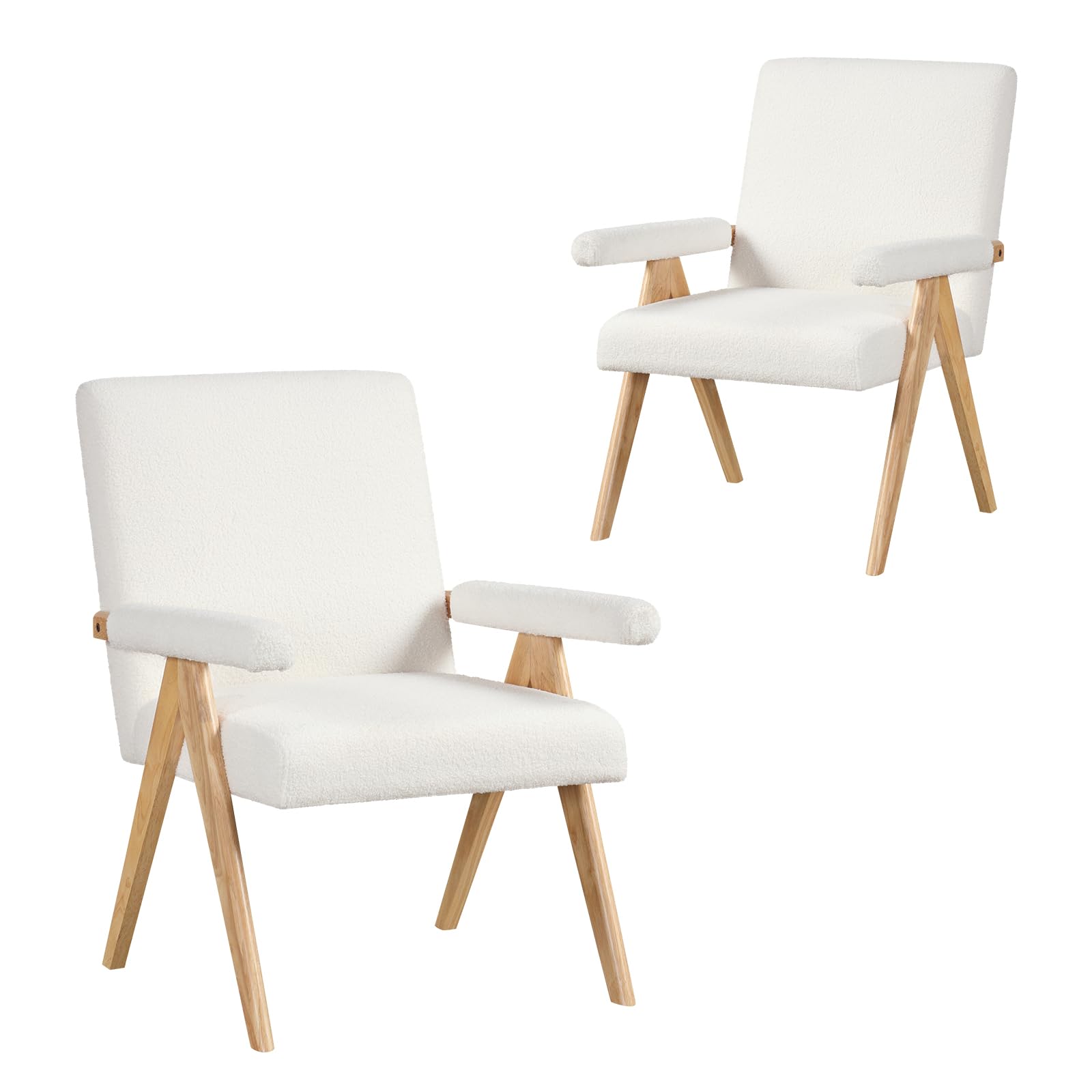 Mid-Century Modern Accent Chair, Sherpa Fabric Reading Chair with Padded Armrests, Solid Rubber Wood Frame