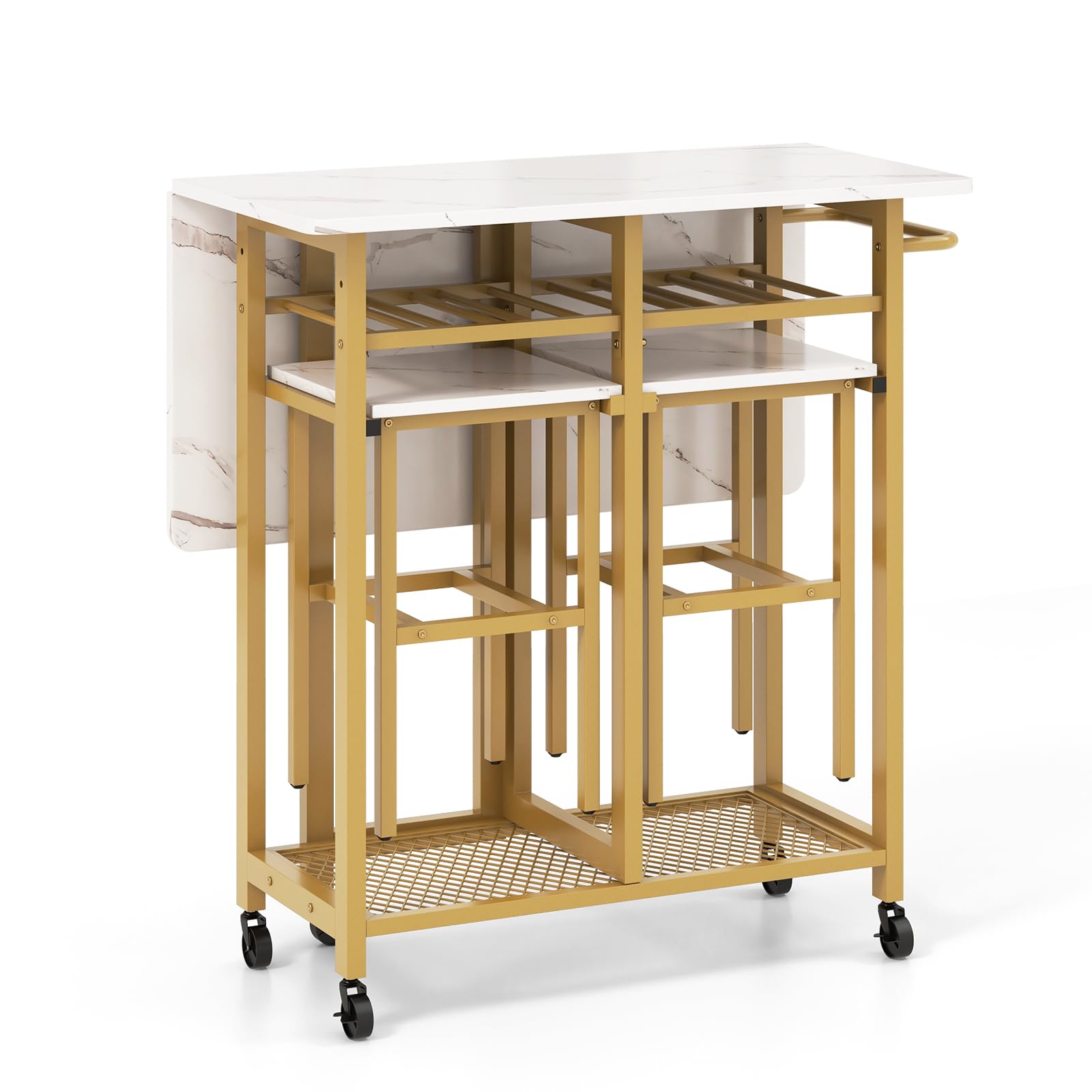 3 Piece Foldable Dining Table Set, Extendable Dining Table & 2 Stools Set w/ 6-Bottle Wine Rack, Shelves & Side Pushing Handle