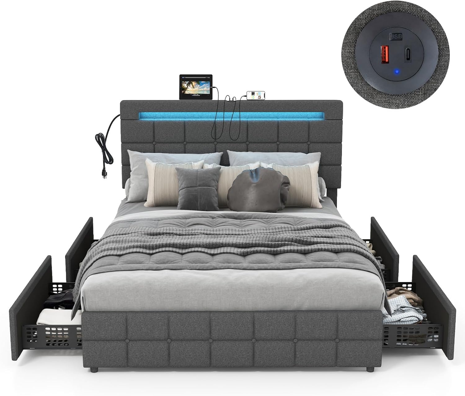 Upholstered Bed Frame with LED Lights and 4 Drawers, Height Adjustable Headboard with USB Ports