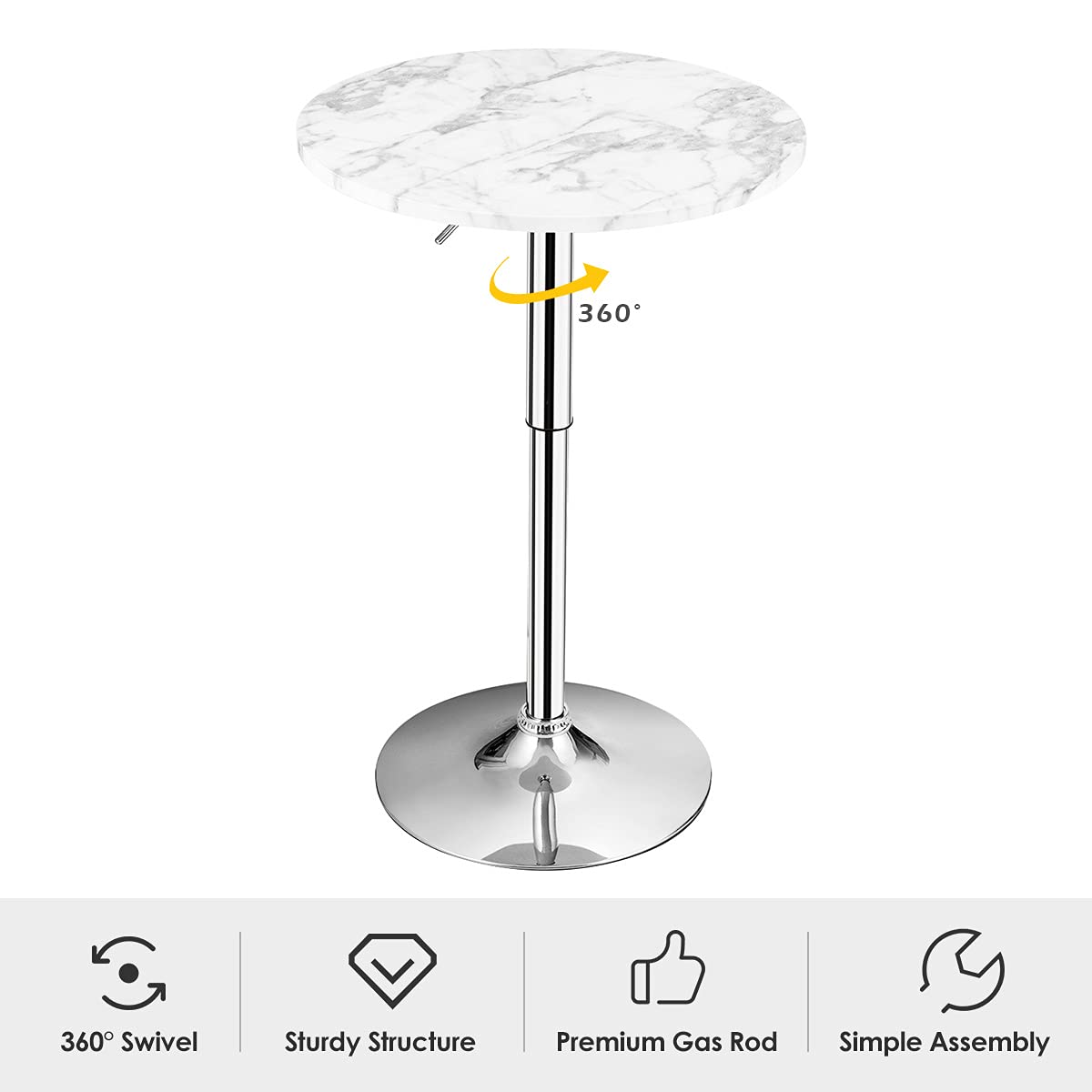 Round Pub Table Height Adjustable, 360&deg; Swivel Cocktail Pub Table with Sliver Leg and Base
