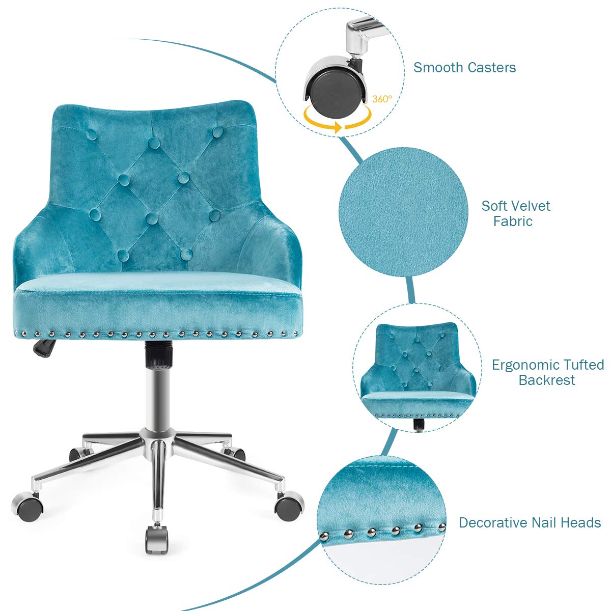 Modern Home Office Chair, Tufted Velvet Swivel Armchair with Nailhead Trim