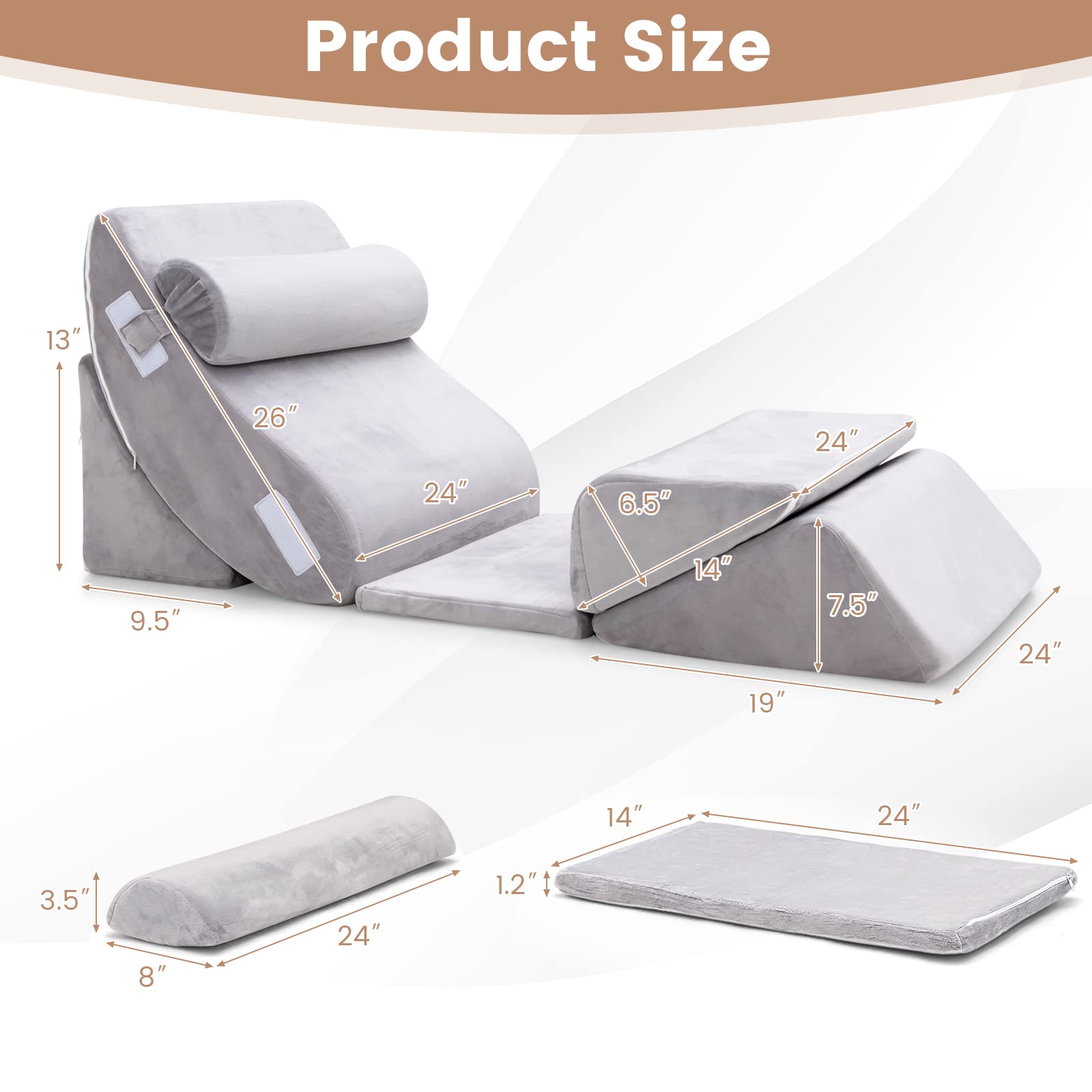 6PCS Orthopedic Bed Wedge Pillow Set, Adjustable Pillows for Neck, Back and Leg Pain Relief