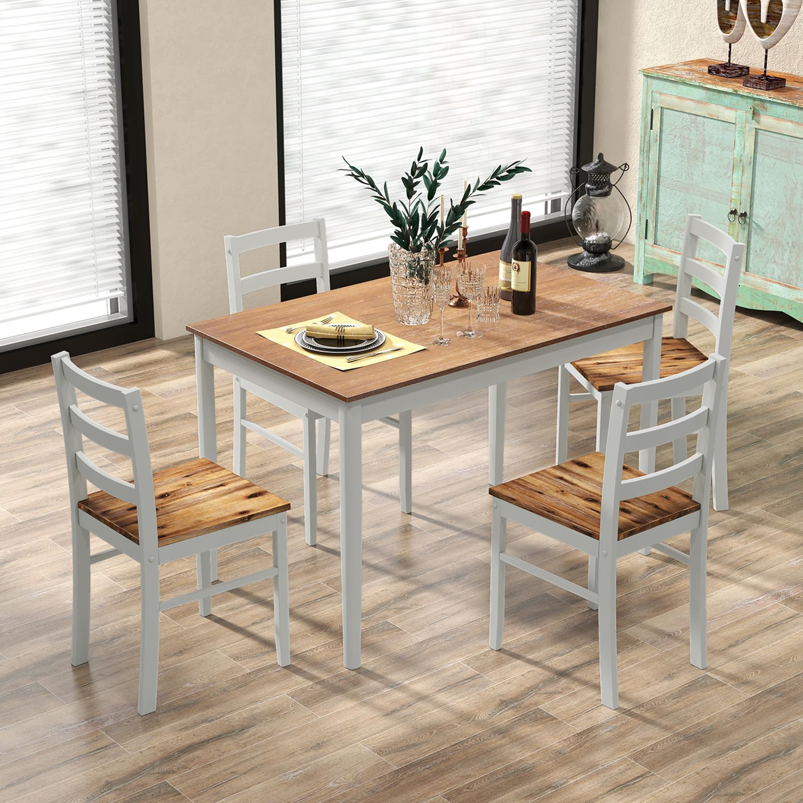Dining Table Set for 4, Farmhouse Solid Wood Dining Set w/Rubber Wood Legs