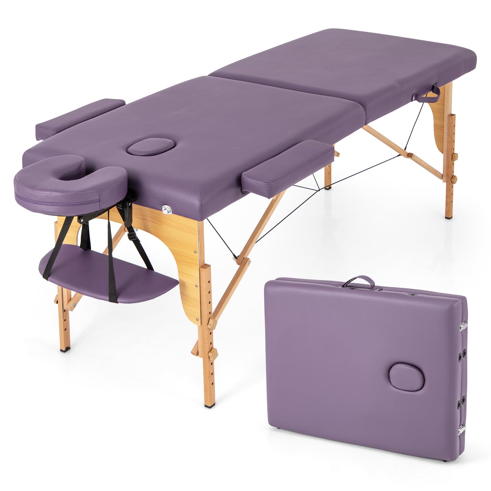 Portable Massage Bed w/Carrying Case, 2-Section Salon Spa Facial Care Tattoo Bed, Height Adjustable