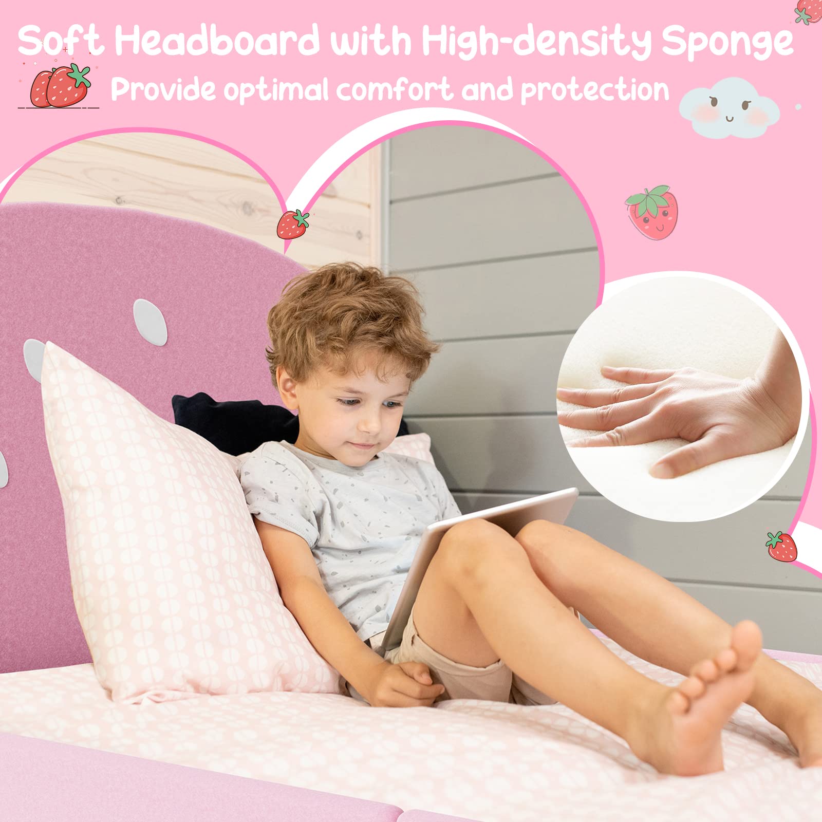 Kids Twin Bed Frame with Headboard, Toddler Upholstered Platform Bed with Slatted Bed Base