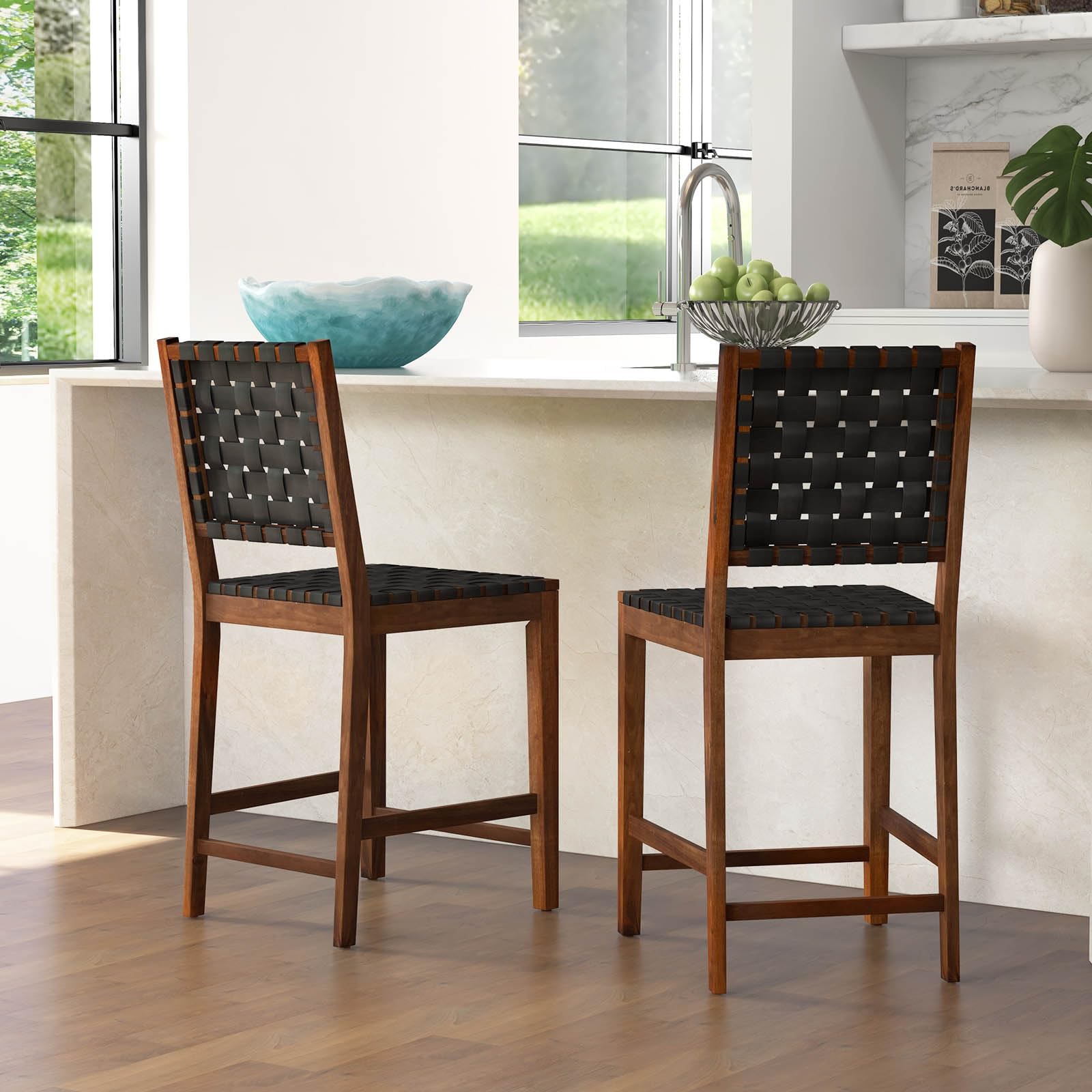 24" Counter Height Bar Stools Set of 2/4, Solid Wood Woven Rustic Barstools w/Faux PU Leather Straps