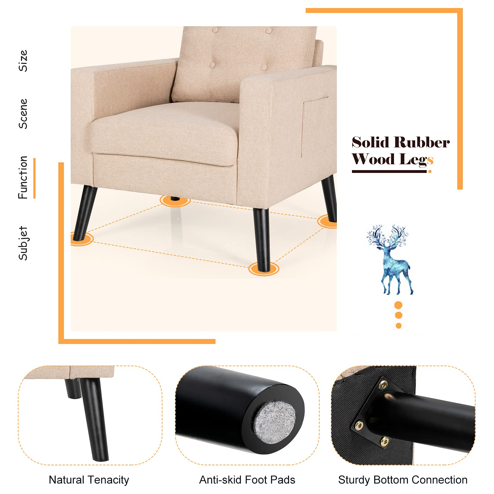 Modern Accent Chair, Mid-Century Upholstered Armchair Club Chair with Rubber Wood Legs