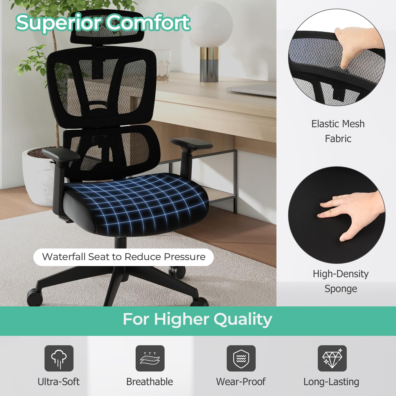 Ergonomic Office Chair - Mesh Desk Chair with Adjustable Lumbar Support, Headrest & Armrests