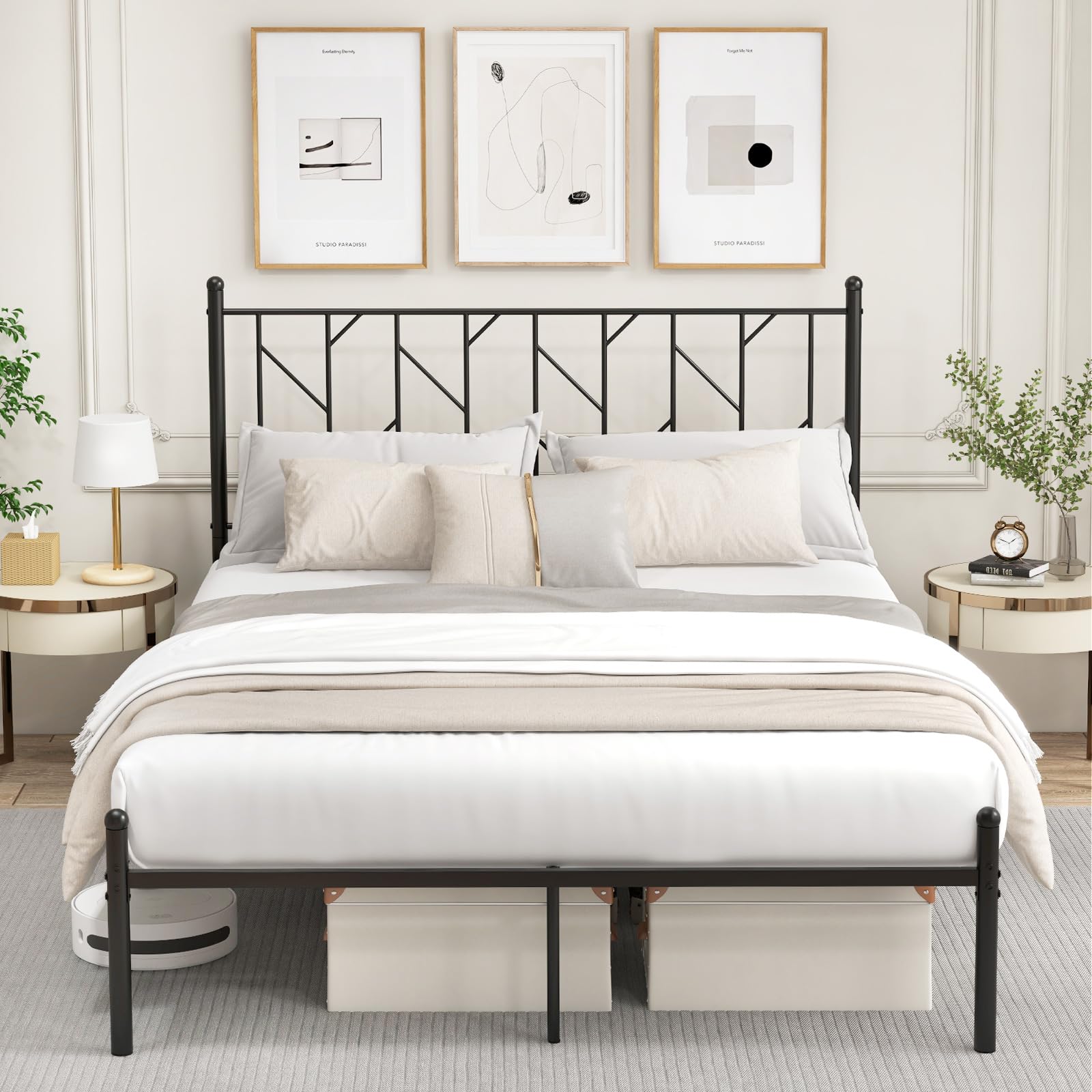 Metal Bed Frame with Victorian Style Headboard, 14 Metal Slats Support