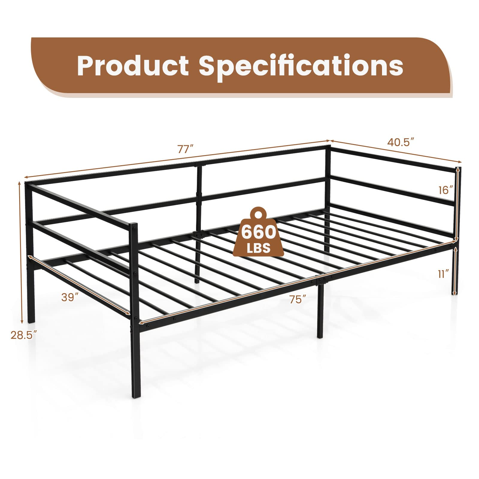 Twin Size Metal Daybed Frame, Heavy-Duty Steel Slats Support Sofa Bed