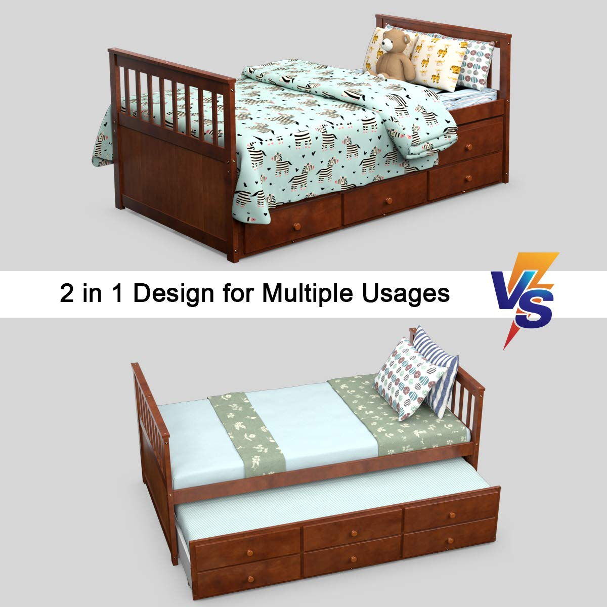 Twin Captain&rsquo;s Bed with Trundle Bed, Wood Storage Daybed with 3 Storage Drawers