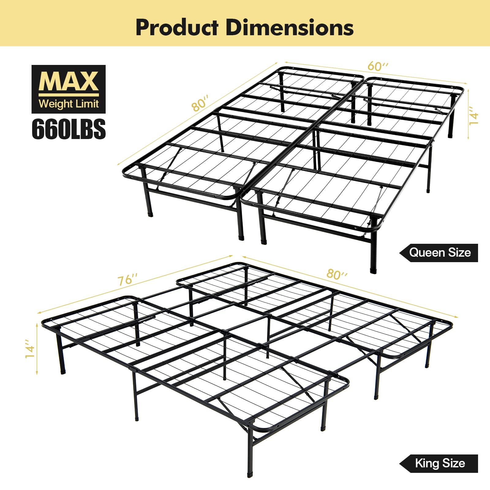 2 in 1 Folding Metal Bed Frame,Twin/Full- Queen/King Size Portable Bed Base