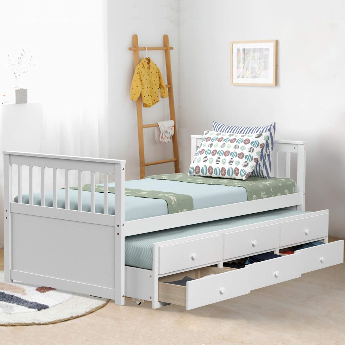Twin Captain&rsquo;s Bed with Trundle Bed, Wood Storage Daybed with 3 Storage Drawers
